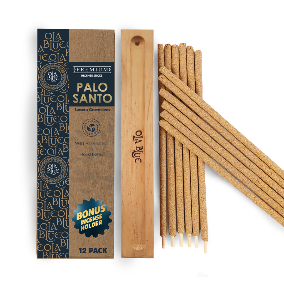 Palo Santo Incense Sticks (12 Pack) and Holder from Peru Premium Authentic - Handmade & Hand Rolled - Cleansing Bad Energy (Incense Sticks)