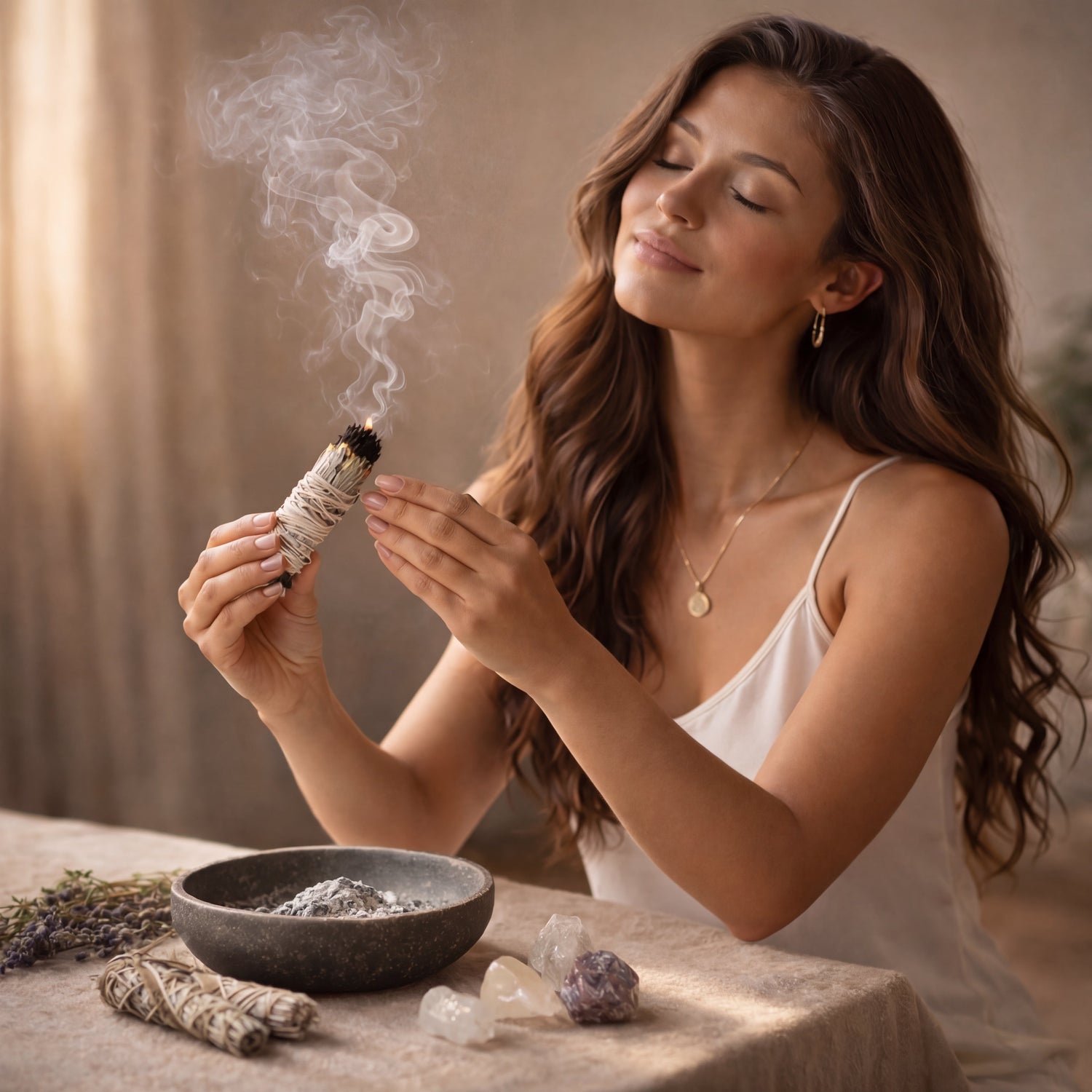 White sage smudge bundle being used in a cleansing ritual by a woman with smoke rising over a black stone smudging bowl.