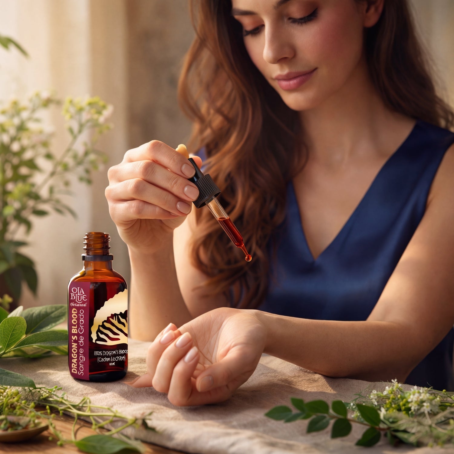 Ola Blue Dragon’s Blood Sangre de Grado botanical extract dropper bottle used in a natural skincare and herbal wellness ritual.