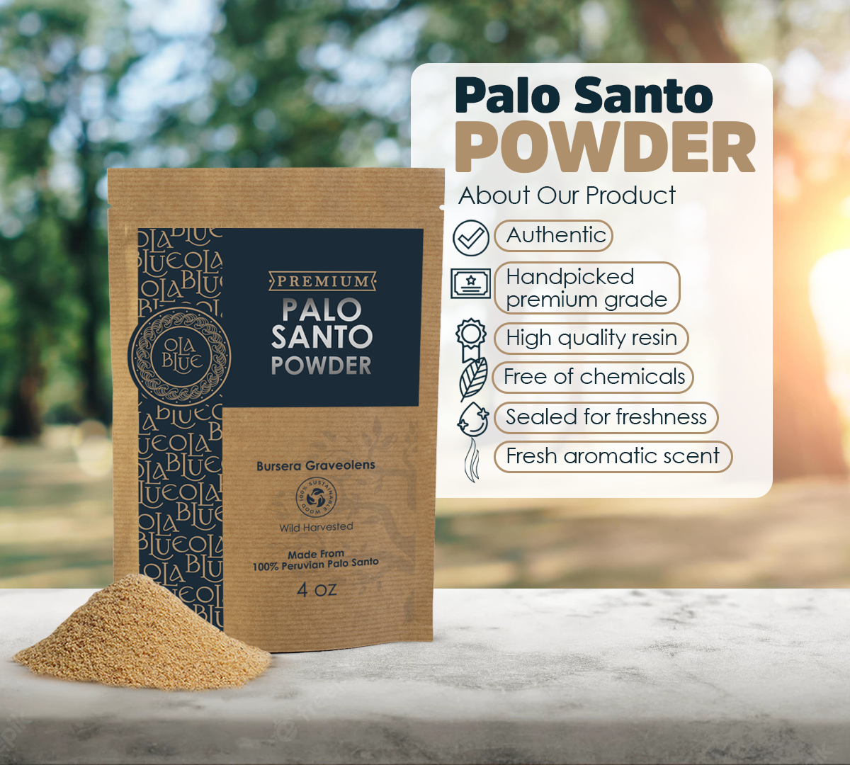 Palo Santo Powder - Natural and Sustainable 4oz from Peru